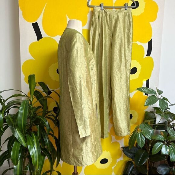 Vintage Mod Handmade One of a Kind Key Lime Sateen 2 Piece Pants Overcoat Set - Picture 6 of 15
